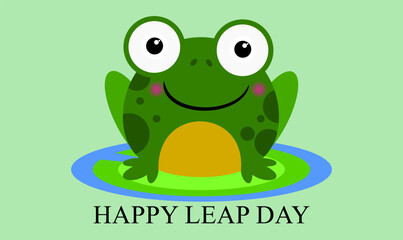 Happy leap day February 29. A Tiny Green Frog sits on a lily pad in a calm pond