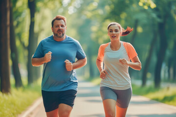 A young overweight Caucasian man runs with his trainer or girlfriend in the park in the summer. Weight loss concept