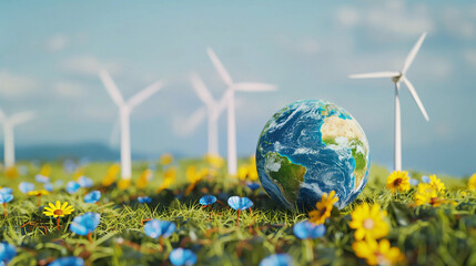 Globe standing in green field covered with flowers, together with windmills making earth sustainable and eco friendly place. Generated AI - 747600489