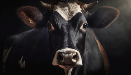 Close-up stork cow portrait on dark background.	