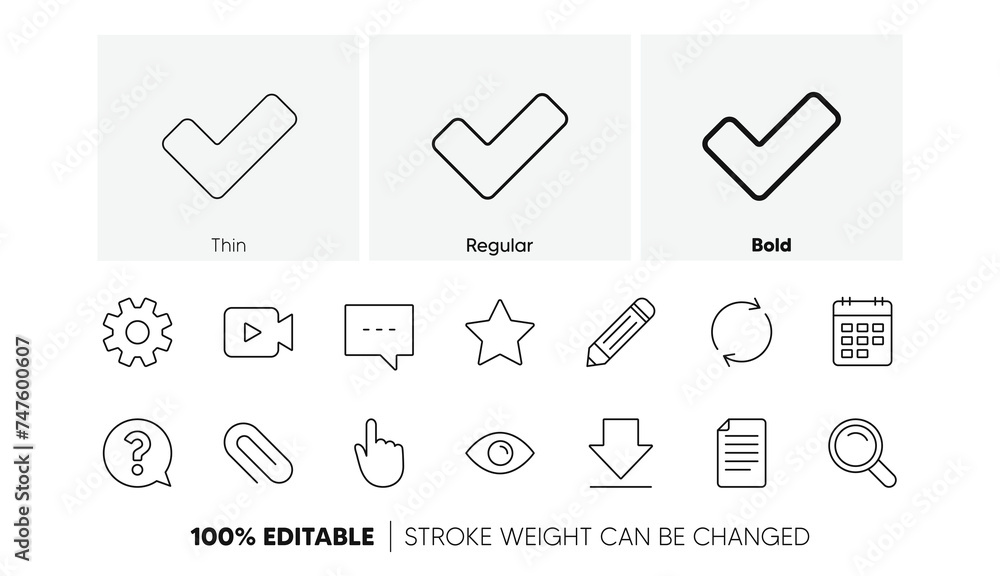 Poster search, video camera and check mark. document, calendar and question mark line icons. linear icon se
