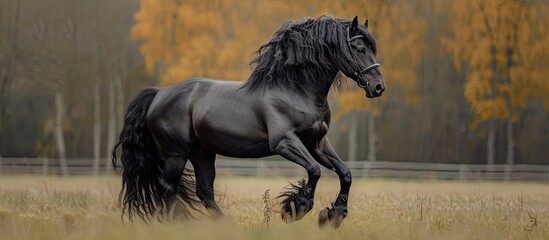 A stunning Welsh part bred black stallion running freely through a field of tall grass, showcasing power and grace in its movements. The horses sleek black coat contrasts beautifully with the green