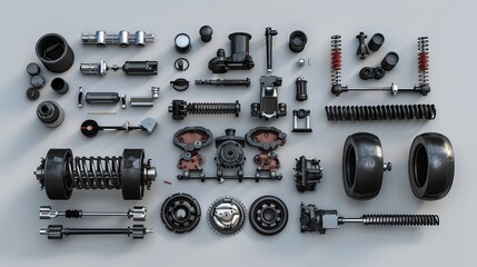 different car parts, laying on a plain white background