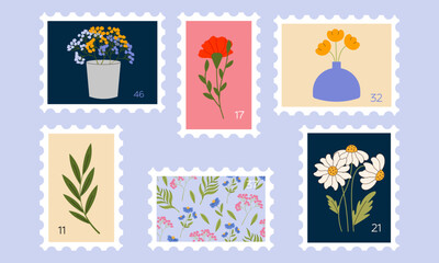 Floral Postage stamps set vector flat illustration. Stickers, Post Mark, post stamp designs.