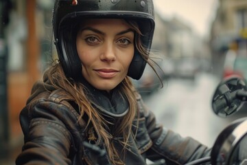 Young beautiful woman biker sits on her motorcycle and looks into the camera smiling