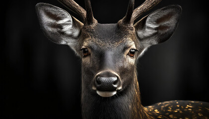 Close up deer portrait on dark bokeh background	