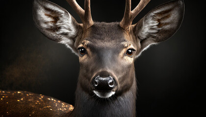 Close up deer portrait on dark bokeh background	