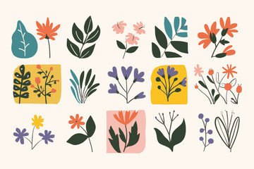 A set of fun flower and nature design elements. Flat hand drawn vector collection - obrazy, fototapety, plakaty