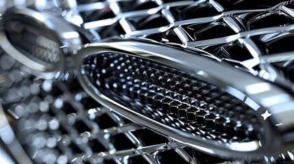 Grid of car. Radiator grille. Close-up texture background of metal. The large, powerful engine macro's chrome grille - obrazy, fototapety, plakaty