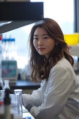 Asian female doctor scientist researcher lab white lab coat  