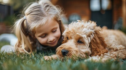 A little girl with blond hair plays with a fluffy blond puppy on the grass near the house