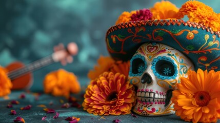 A colorful Day of the Dead carnival setting, with intricate sugar skulls