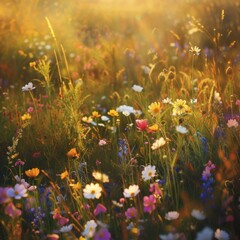 Obraz na płótnie Canvas A meadow dotted with vibrant wildflowers, bathed in golden sunlight, invites serenity and joy