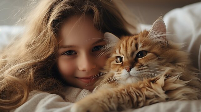 A closeup photo of a cute girl with long wavy hair   with a red cat 