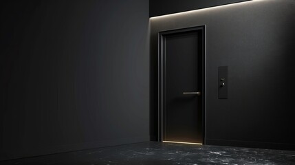 Contemporary security black door with a black wall - obrazy, fototapety, plakaty
