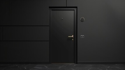 Contemporary security black door with a black wall - obrazy, fototapety, plakaty