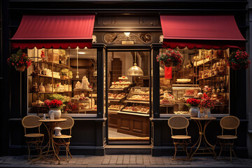 Twilight Glow at a Parisian Bakery - obrazy, fototapety, plakaty