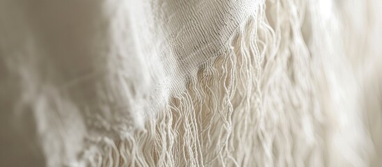 This close-up photo showcases a white cotton curtain with decorative fringes.