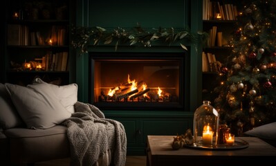 A Luxurious Scene. Winter Lights Next to Burning Fire, Dark Beige and Green Tones, Spot Metering