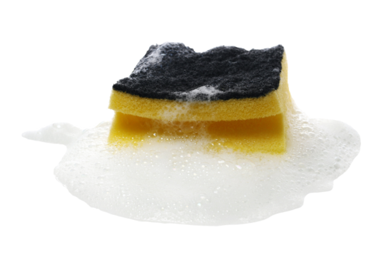 Colorful soap foam, bubbles and yellow sponge with abrasive isolated on white, with clipping path