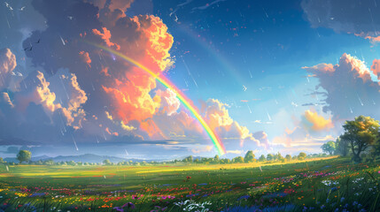 Colorful landscape and serenity amidst a rainbow sky