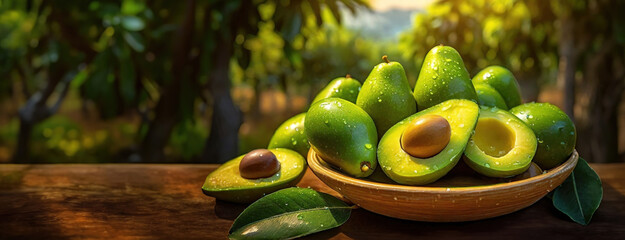 Fresh Avocados on a Wooden Table with Orchard Background. Ripe green fruits, some cut open to show...
