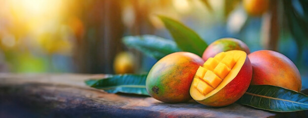 Ripe mangos rest on a lush background, one cut in a grid pattern. Juicy, vibrant fruit with lush...