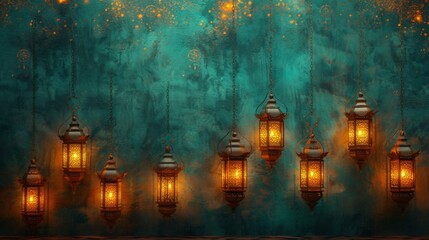 Collection of elegant hanging lamps against a vibrant turquoise backdrop, creating a stunning visual display
