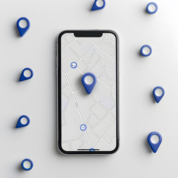 white iphone with blank screen, blue map pin icons floating around it