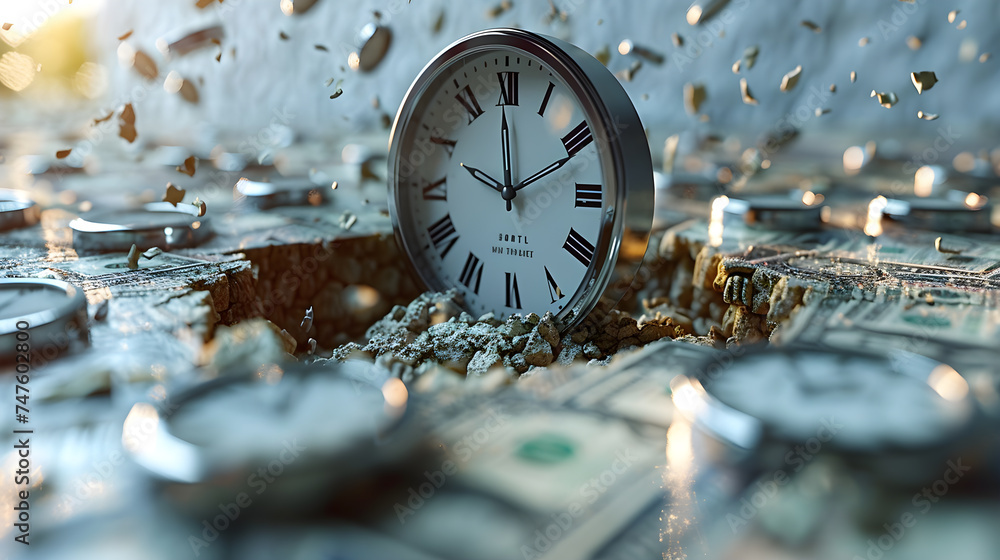 Poster bottomless hole on the floor with small clocks and dollar bills falling into it on a solid white bac
