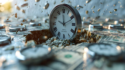 bottomless hole on the floor with small clocks and dollar bills falling into it on a solid white...