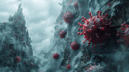 Colossal viral microbes dominate polluted skies, illustrating specter of worldwide epidemics - obrazy, fototapety, plakaty