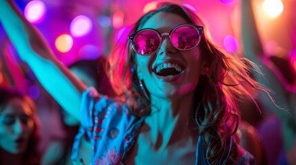A woman in sunglasses dancing at a party with her arms up, AI