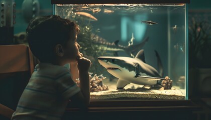 little boy staring intently at a miniature shark in a home aquarium fantasy 