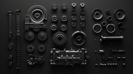 sleek full visual of premium mechanical parts, car parts, engine piston, gears, pressure plate, black - obrazy, fototapety, plakaty