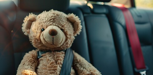 In a car, Teddy Bear secured himself with a seat belt.