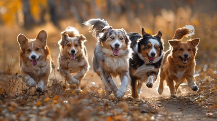 A group of five dogs running together in a field, AI