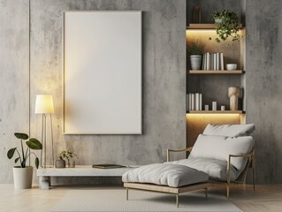 Modern Living Room Interior with Blank Poster on Shelf and Decor