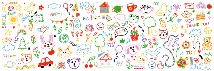 Cute kid scribble doodle icons set. Various icons such as hearts, stars, speech bubbles, arrows, lines. Hand drawn childish funny simple vector illustrations.