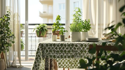 Scandi Dining Room Interior with Patterned Tablecloth, Chairs, and Balcony in Background