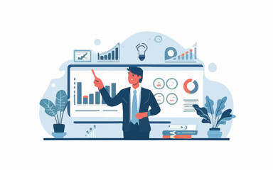 Gain Business Insights: Data Scientist Analyzes Marketing Data for Intelligence. Visualize Analytics with Dashboard, Charts, and Graphs. Businessman Gains Insights with Data Analysis.