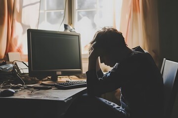 teen boy at desk silhouette computer monitor sad messy student - obrazy, fototapety, plakaty