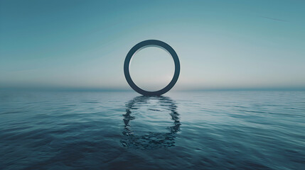 A minimalist circle delicately balancing on the tranquil waters of the ocean, surrounded by the vastness of the sea and sky - obrazy, fototapety, plakaty