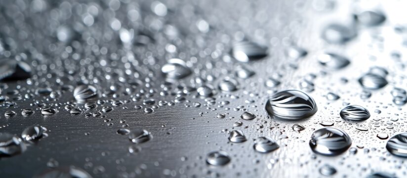 This close-up photo showcases drops of water on a stainless steel surface, creating a captivating and stunning background with a serene display.
