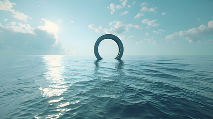 A minimalistic circle peacefully adrift on the calm waters of the ocean, its presence adding a touch of serenity to the scene - obrazy, fototapety, plakaty