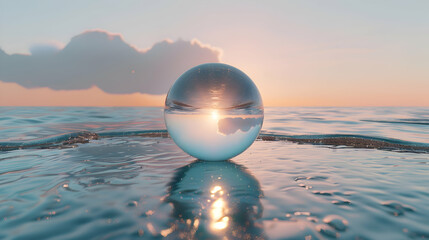 A perfectly round sphere casting a soft reflection on the shimmering surface of the ocean, creating a mesmerizing sight - obrazy, fototapety, plakaty