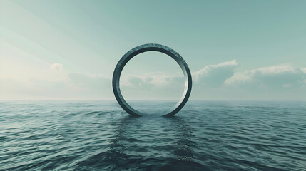 A serene scene of a minimalist circle floating peacefully on the serene waters of the ocean, creating a sense of calm and relaxation - obrazy, fototapety, plakaty