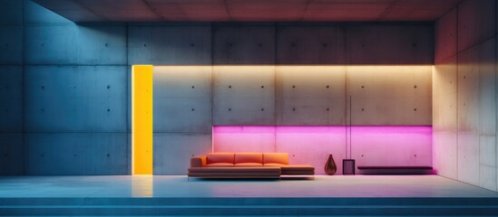 This living room features a sleek couch and a minimalist table. The space is designed with abstract architectural concrete elements and vibrant colored neon lighting.