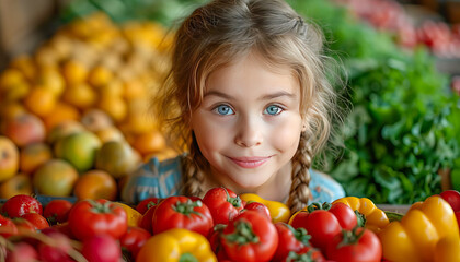 Fototapeta na wymiar Child next to healthy foods, National Nutrition Month, March