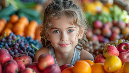 Fototapeta na wymiar Child next to healthy foods, National Nutrition Month, March